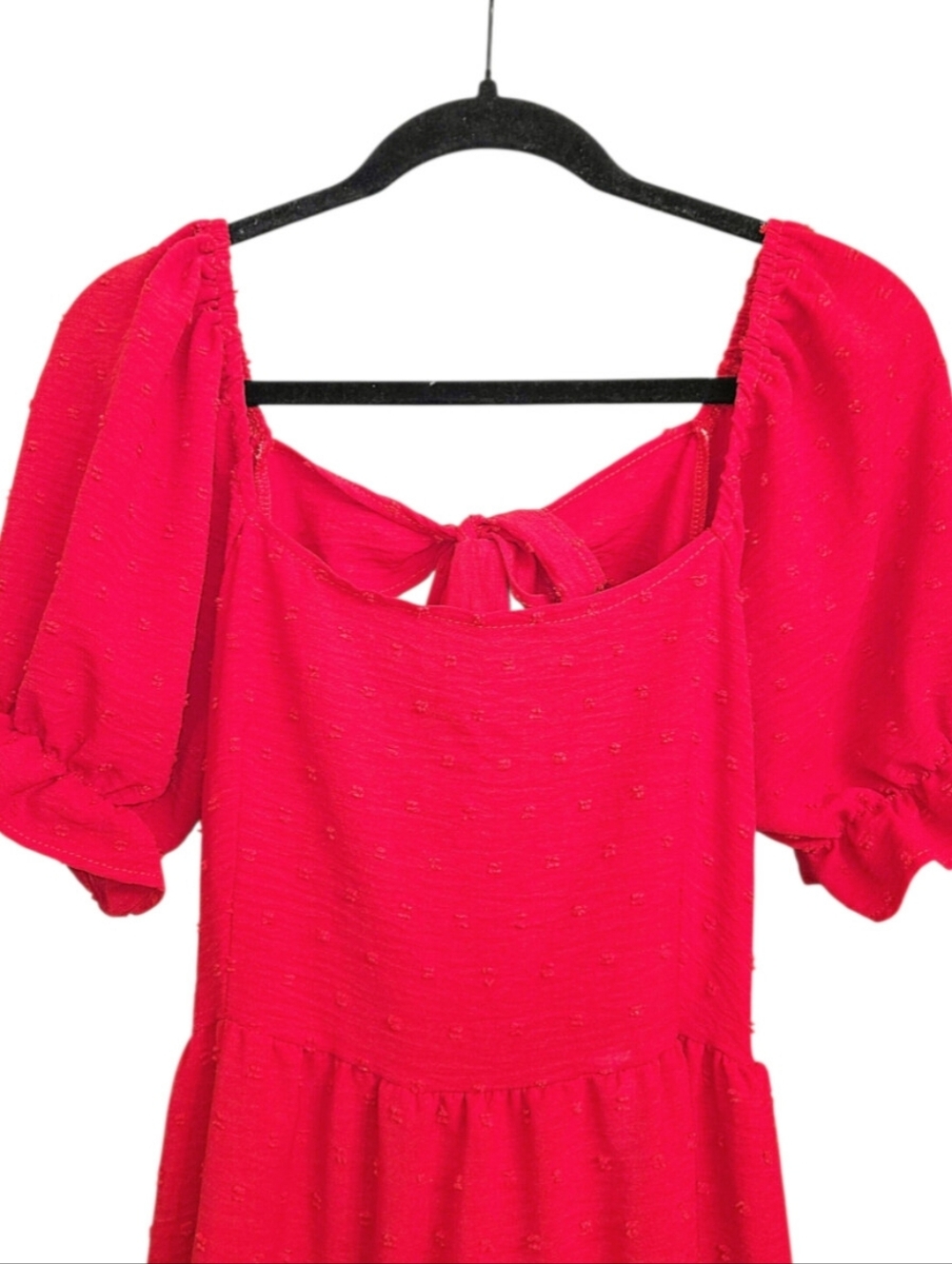Red Textured Dots Scoop Neck Open Back Ruffle Bubble Sleeve Hi-Lo Dress Large - Picture 2 of 7